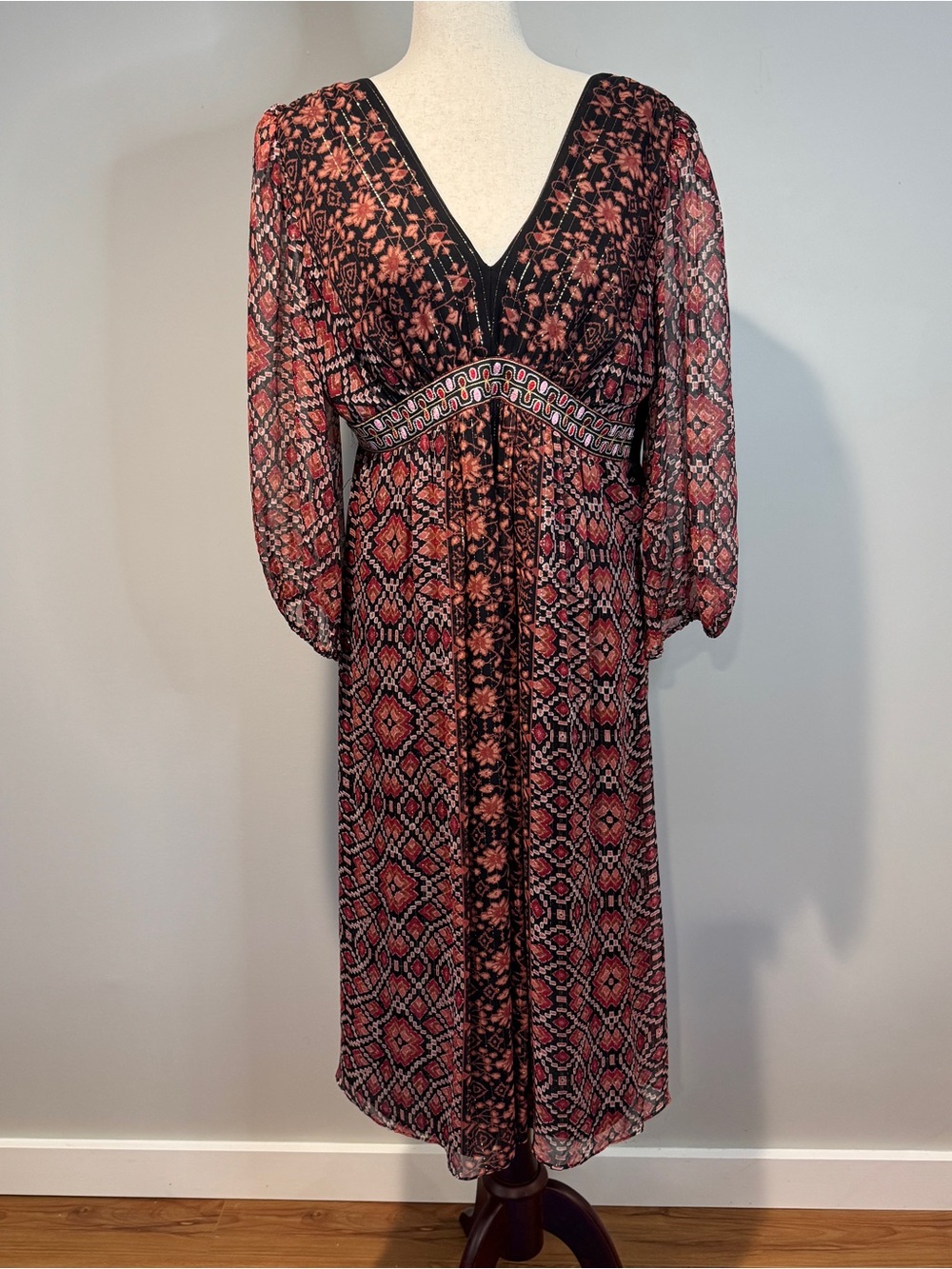 Signature By Robbie Bee 96% Silk Embroidered Empire Waist Midi Dress Boho Sz 10